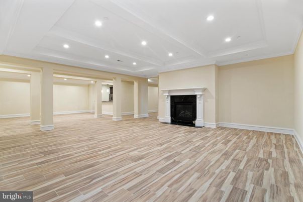 Empty room, Fireplace, Interior, Recessed Lighting, Wood Texture Flooring