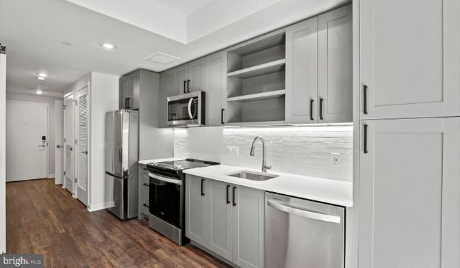 Interior, Kitchen, Recessed Lighting, Stainless Steel Appliances, Wood Texture Flooring