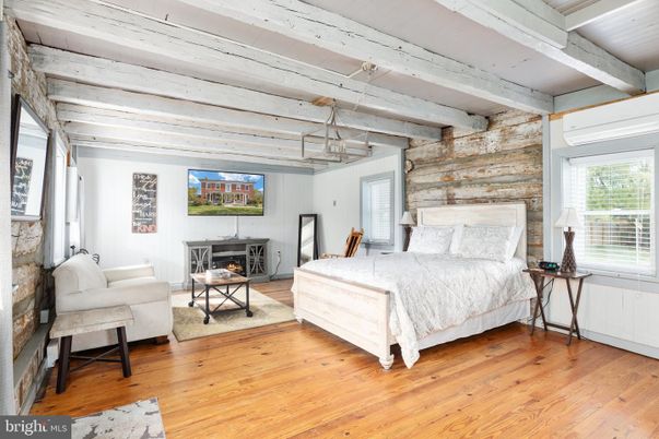 Bedroom, Fireplace, Interior, Pendant Lights, Wooden Beams, Wood Texture Flooring