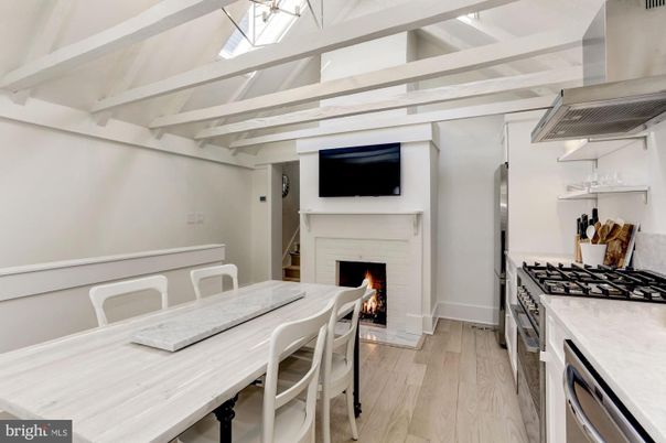 Dining room, Fireplace, Interior, Kitchen, Wood Texture Flooring