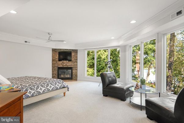 Bedroom, Fireplace, Interior, Recessed Lighting, Stone Walls