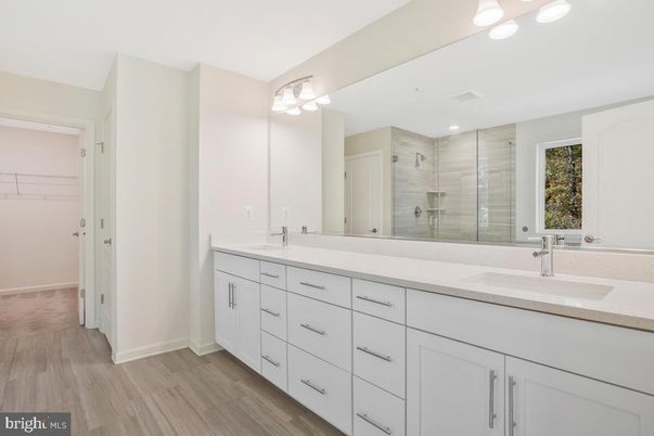Bathroom, Dual Sink Vanities, Glass Shower, Interior, Recessed Lighting, Walk-in Closets, Wood Texture Flooring