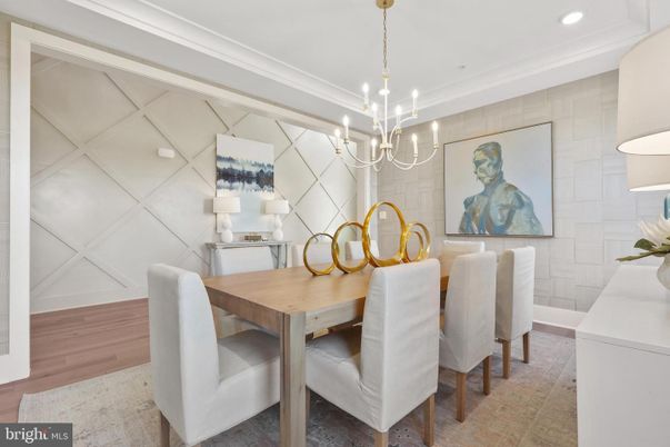 Chandelier, Dining room, Interior, Pendant Lights, Recessed Lighting, Wood Texture Flooring