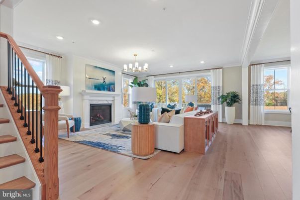 Chandelier, Fireplace, Interior, Living room, Recessed Lighting, Wood Texture Flooring