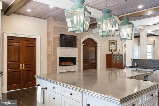 Fireplace, Interior, Kitchen, Pendant Lights, Recessed Lighting, Wooden Beams, Wooden Ceilings, Wood Texture Flooring