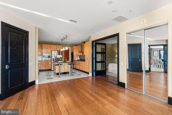 Dining room, Interior, Kitchen, Pendant Lights, Recessed Lighting, Wood Texture Flooring