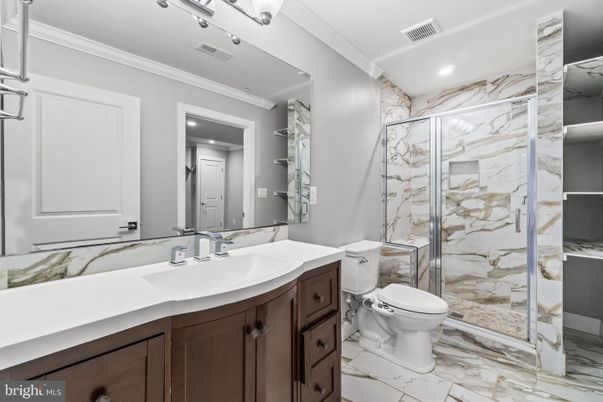 Bathroom, Glass Shower, Interior, Marble, Marble Walls, Recessed Lighting