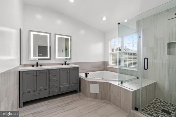 Bathroom, Dual Sink Vanities, Glass Shower, Interior, Recessed Lighting