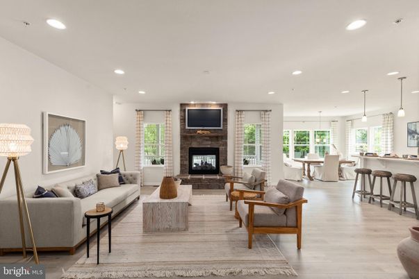 Dining room, Fireplace, Interior, Living room, Pendant Lights, Recessed Lighting, Wood Texture Flooring