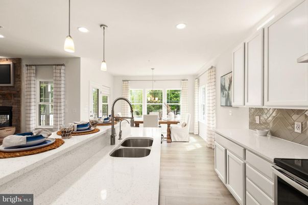 Dining room, Fireplace, Interior, Kitchen, Pendant Lights, Recessed Lighting, Wood Texture Flooring