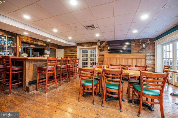 Dining room, Interior, Recessed Lighting, Wood Texture Flooring, Wooden Walls