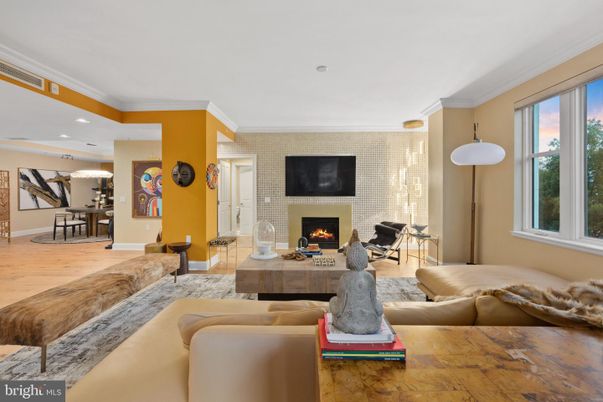 Dining room, Fireplace, Interior, Living room, Pendant Lights, Recessed Lighting, Wood Texture Flooring