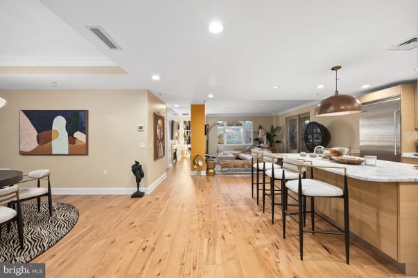 Dining room, Interior, Kitchen, Living room, Pendant Lights, Recessed Lighting, Stainless Steel Appliances, Wood Texture Flooring