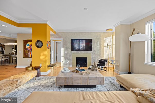 Dining room, Fireplace, Interior, Living room, Recessed Lighting, Wood Texture Flooring