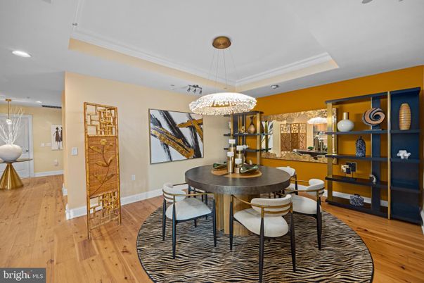 Dining room, Interior, Pendant Lights, Recessed Lighting, Wood Texture Flooring