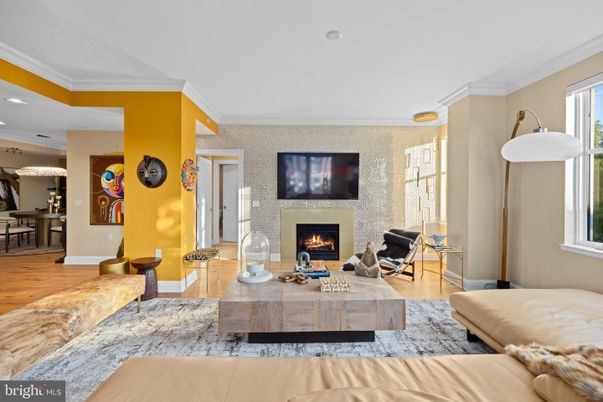 Dining room, Fireplace, Interior, Living room, Recessed Lighting, Wood Texture Flooring