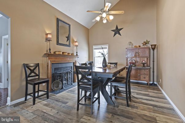 Dining room, Fireplace, Interior, Wood Texture Flooring