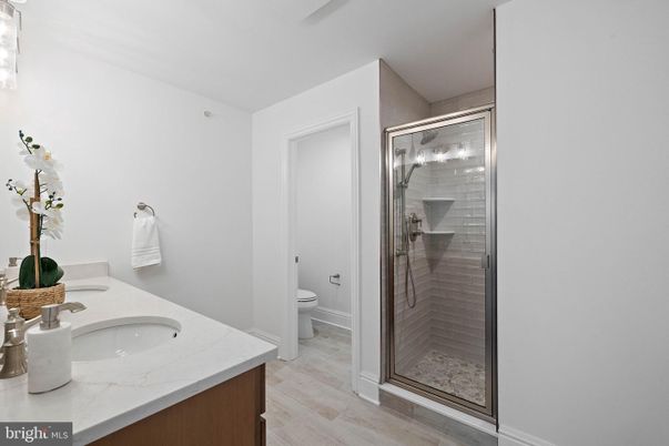 Bathroom, Glass Shower, Interior, Wood Texture Flooring