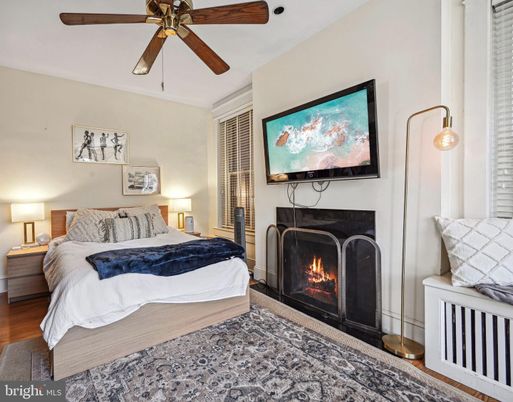 Bedroom, Fireplace, Interior, Wood Texture Flooring