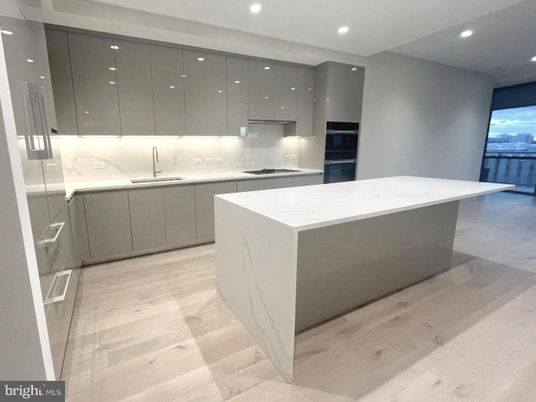 Interior, Kitchen, Marble Walls, Recessed Lighting, Wood Texture Flooring
