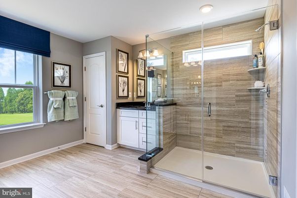 Bathroom, Glass Shower, Interior, Recessed Lighting, Wood Texture Flooring