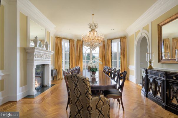 Chandelier, Dining room, Fireplace, Interior, Recessed Lighting, Wood Texture Flooring