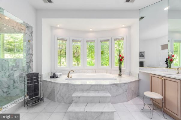 Bathroom, Glass Shower, Interior, Marble, Marble Walls, Recessed Lighting