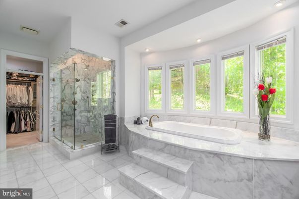 Bathroom, Glass Shower, Interior, Marble, Marble Walls, Recessed Lighting