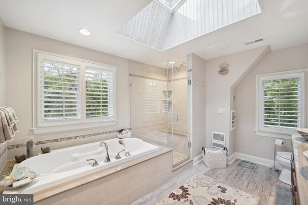 Bathroom, Glass Shower, Interior, Recessed Lighting, Wood Texture Flooring