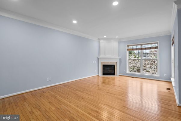 Empty room, Fireplace, Interior, Recessed Lighting, Wood Texture Flooring