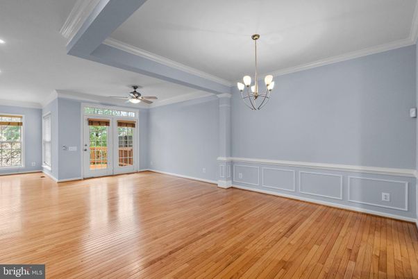 Chandelier, Empty room, Interior, Pendant Lights, Recessed Lighting, Wood Texture Flooring