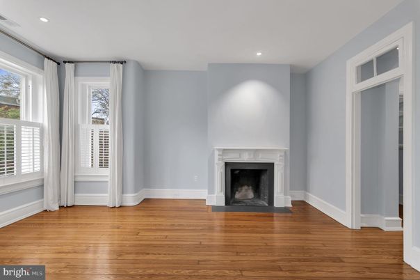 Empty room, Fireplace, Interior, Recessed Lighting, Wood Texture Flooring