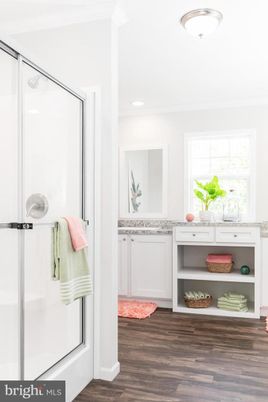 Bathroom, Glass Shower, Interior, Recessed Lighting, Wood Texture Flooring