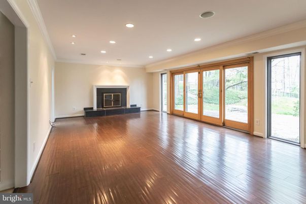 Empty room, Fireplace, Interior, Recessed Lighting, Wood Texture Flooring