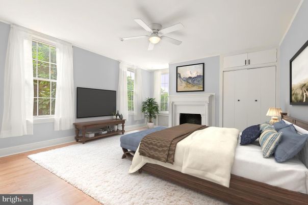 Bedroom, Fireplace, Interior, Wood Texture Flooring