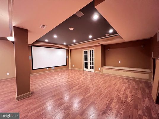 Empty room, Interior, Projection Screen, Recessed Lighting, Wood Texture Flooring