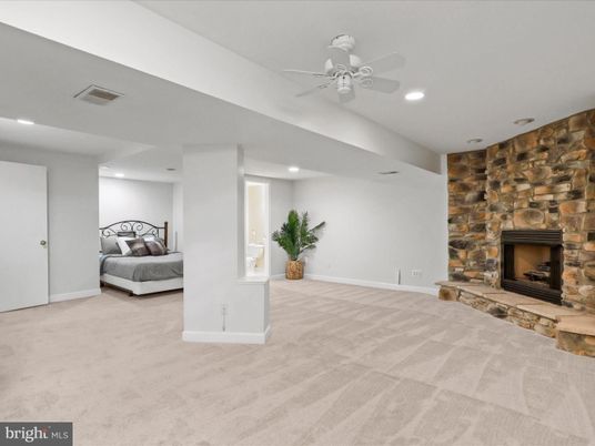 Bedroom, Fireplace, Interior, Recessed Lighting, Stone Walls