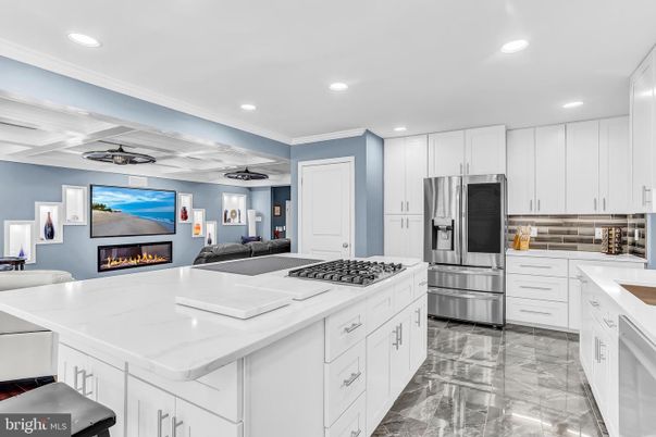 Fireplace, Interior, Kitchen, Marble, Recessed Lighting, Stainless Steel Appliances