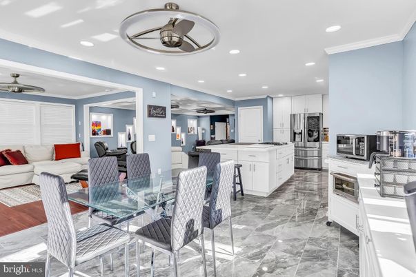 Dining room, Interior, Kitchen, Living room, Marble, Recessed Lighting, Stainless Steel Appliances