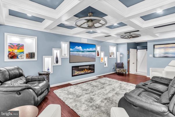 Home Theatre Room, Fireplace, Interior, Living room, Recessed Lighting, Wood Texture Flooring