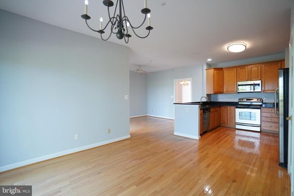 Chandelier, Empty room, Interior, Kitchen, Wood Texture Flooring