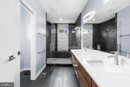 Bathroom, Dual Sink Vanities, Glass Shower, Interior, Recessed Lighting