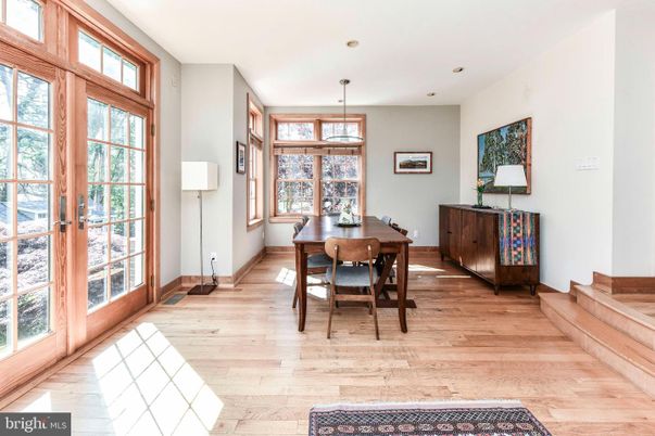 Dining room, Interior, Pendant Lights, Recessed Lighting, Wood Texture Flooring