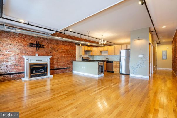 Fireplace, Interior, Kitchen, Pendant Lights, Recessed Lighting, Stone Walls, Wood Texture Flooring