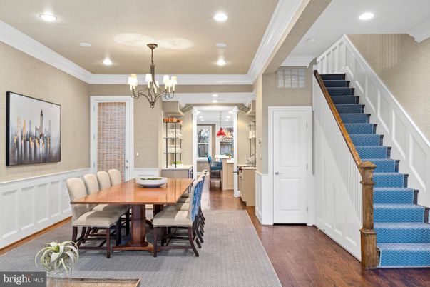 Chandelier, Dining room, Interior, Recessed Lighting, Wood Texture Flooring