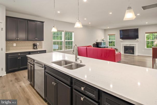 Fireplace, Interior, Kitchen, Living room, Pendant Lights, Recessed Lighting, Wood Texture Flooring