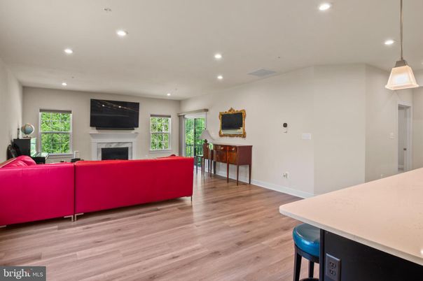 Fireplace, Interior, Living room, Pendant Lights, Recessed Lighting, Wood Texture Flooring