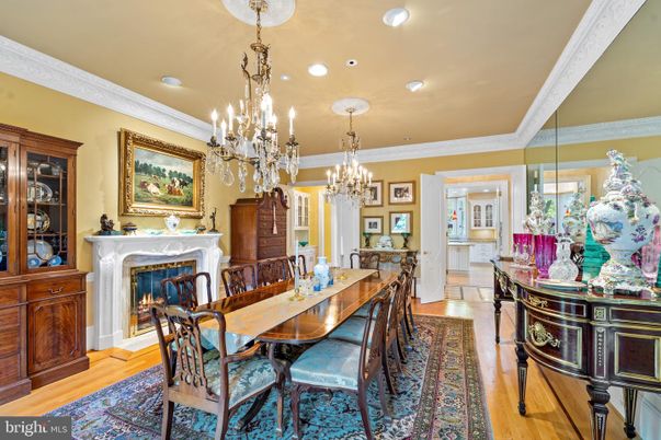 Chandelier, Dining room, Fireplace, Interior, Recessed Lighting, Wood Texture Flooring