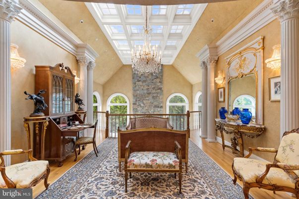 Chandelier, Home Office, Interior, Recessed Lighting, Stone Walls, Wood Texture Flooring
