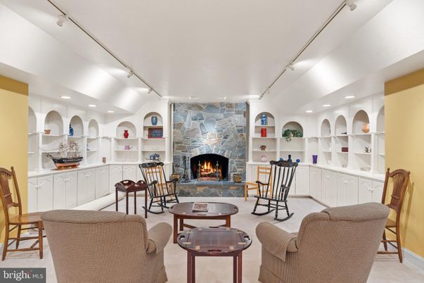 Dining room, Fireplace, Interior, Living room, Recessed Lighting, Stone Walls